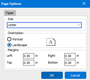 Page Options dialog showing the report set to Letter size, landscape, with half inch margins on all sides